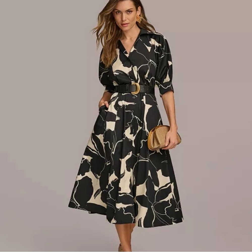 Dkny Black and Cream Floral Print Midi Shirt Dress